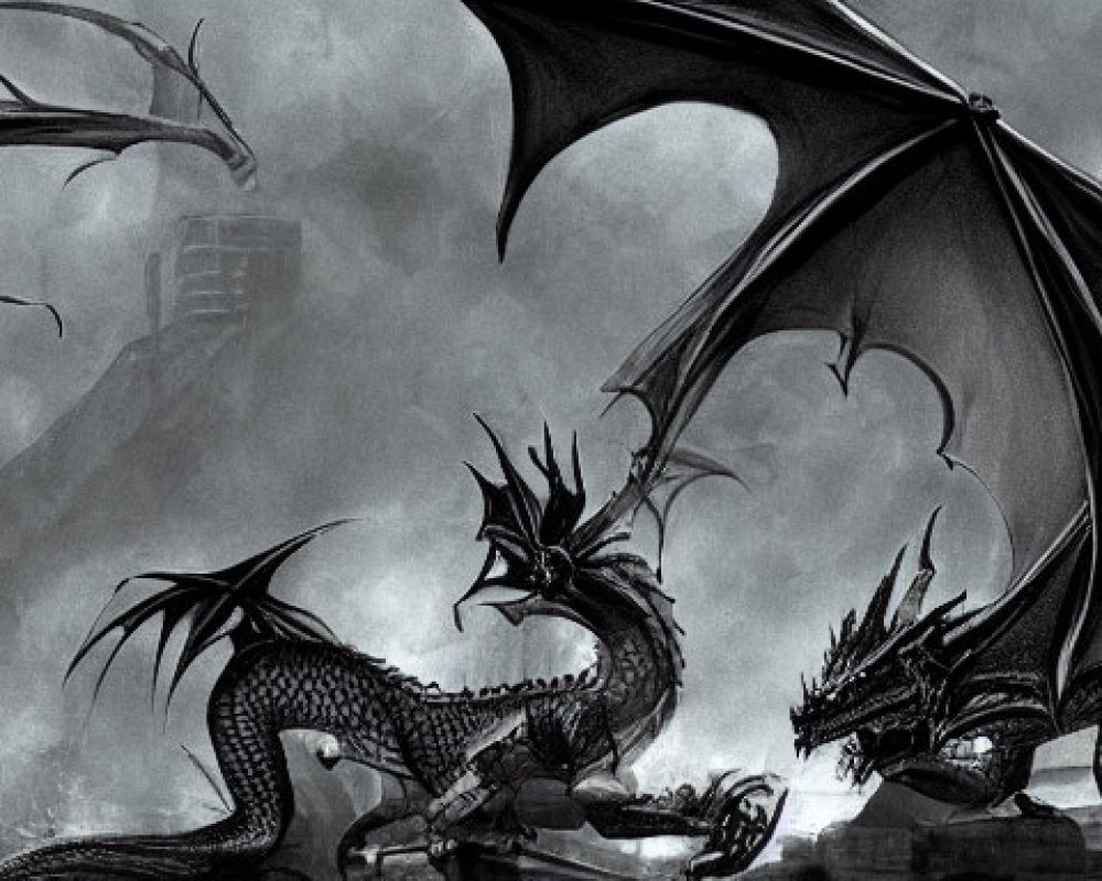 Panoramic grayscale image of fierce dragons in different poses against misty cityscape