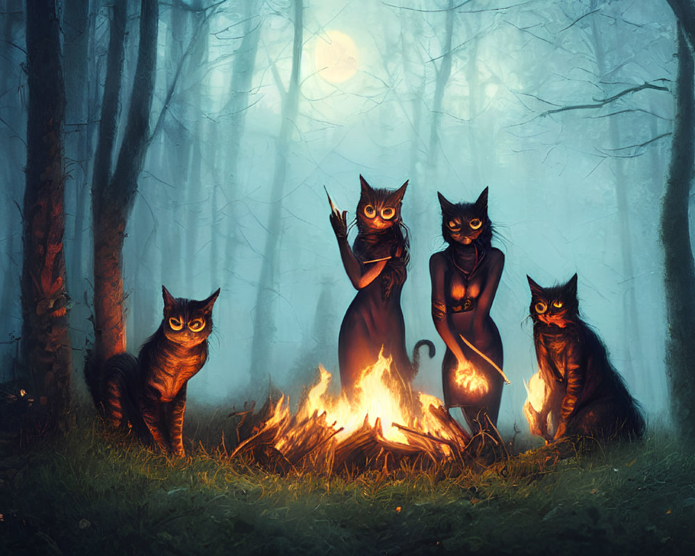 Stylized black cats with glowing eyes around a campfire in misty forest