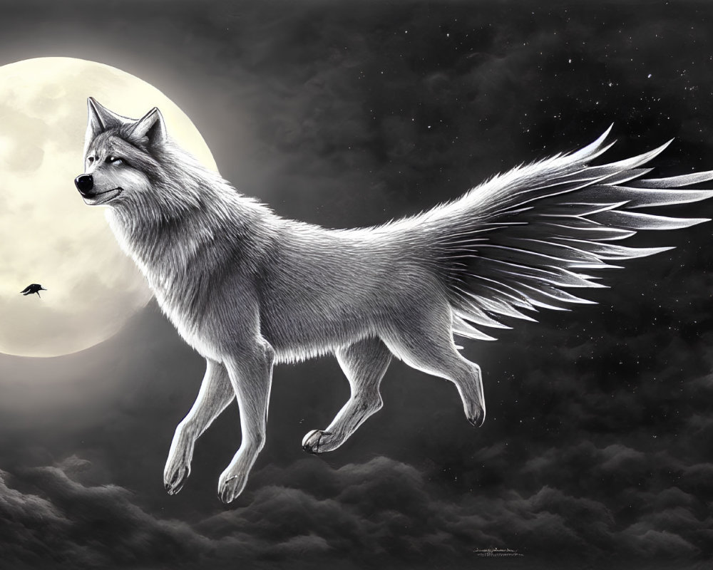 Winged wolf flying under full moon in fantasy scene