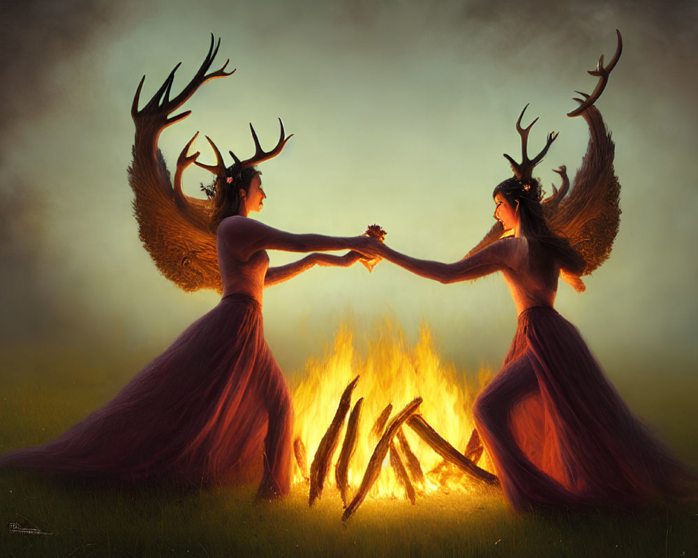 Ethereal women with antler crowns around bonfire in mystical landscape