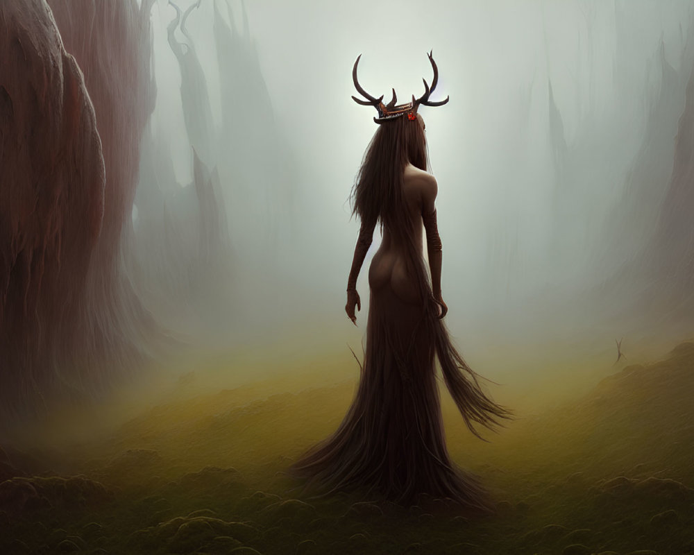 Mystical figure with antlers in foggy forest landscape
