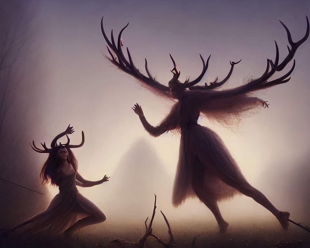 Mystical creatures with antlers dance in misty forest