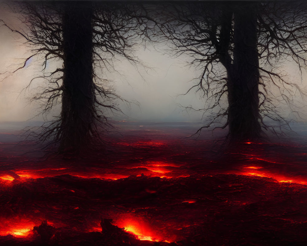 Eerie forest with silhouetted trees, misty backdrop, and glowing red ground