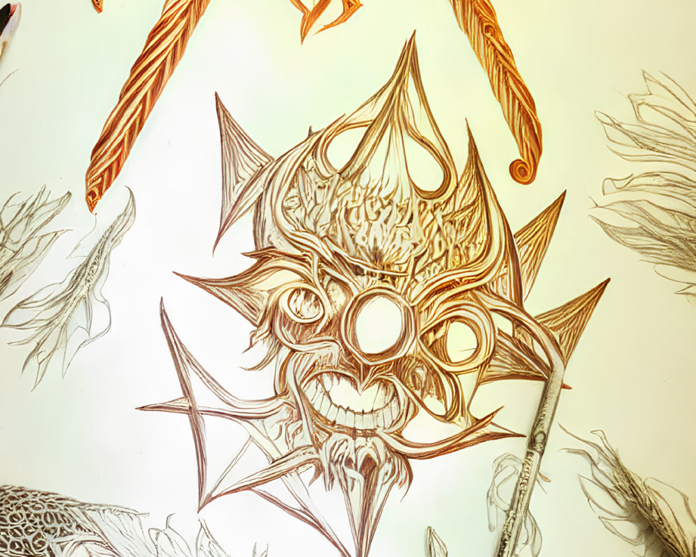 Detailed sketch of demon-like face surrounded by intricate patterns and symbolic elements