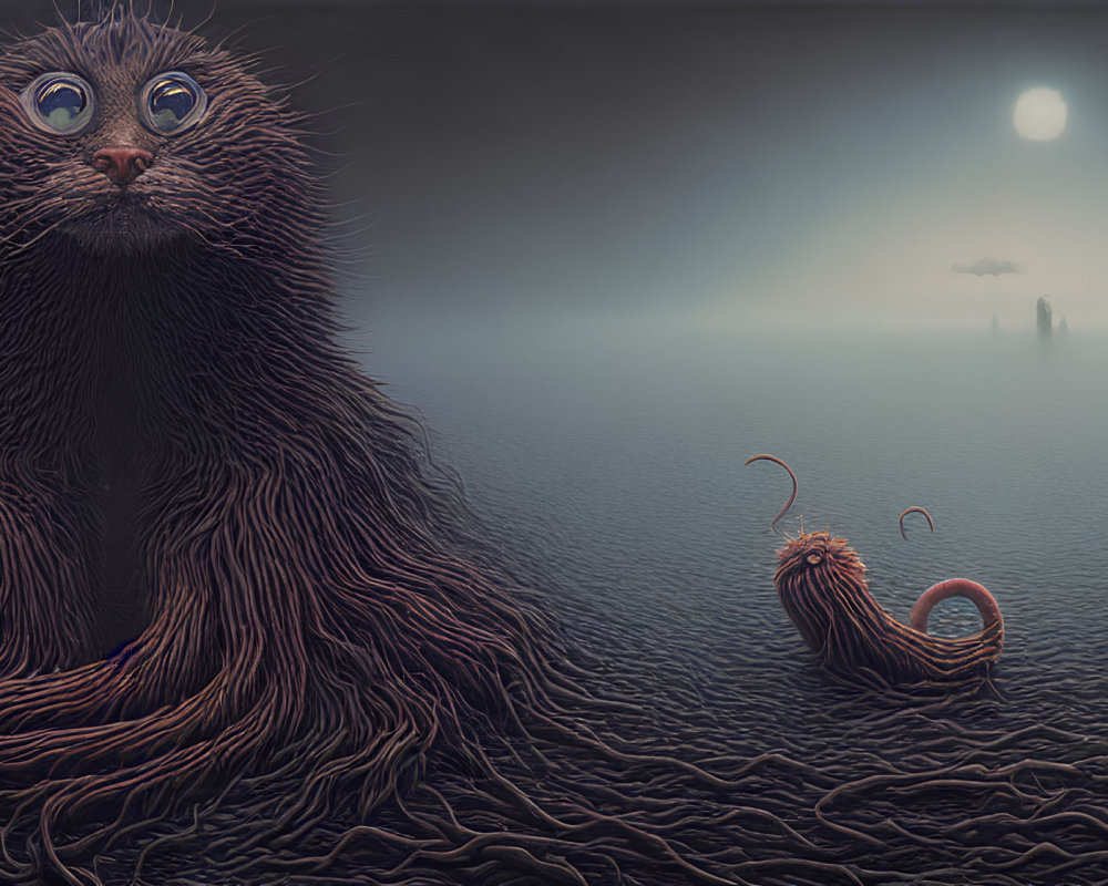 Surrealist image of large furry creature in misty landscape