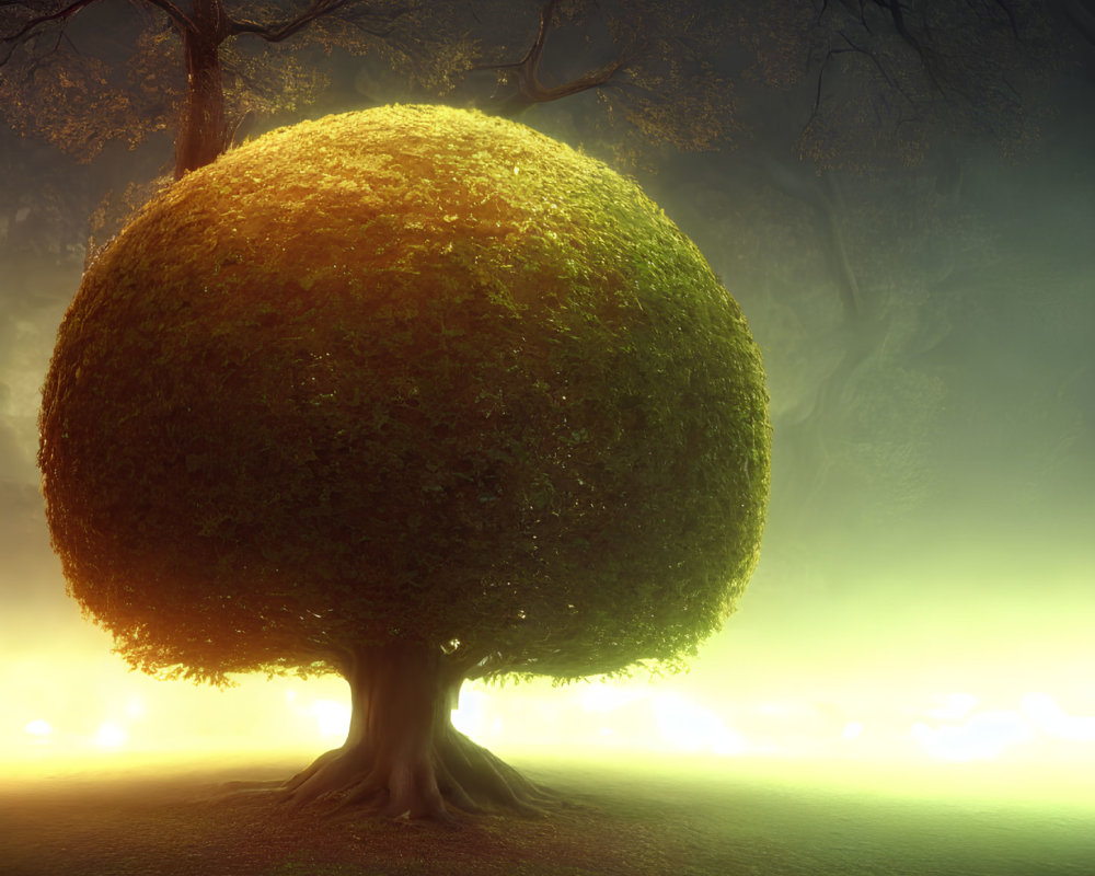 Mystical oversized spherical tree with lush foliage in ethereal light