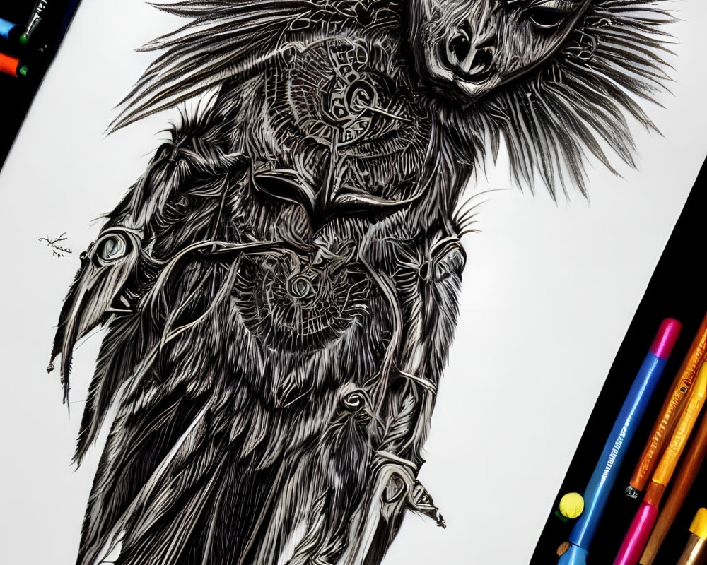 Detailed black ink fantasy creature drawing with wolf-like head and ornate armor, surrounded by colored pencils