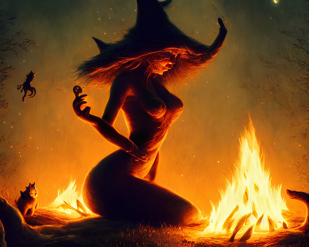 Silhouetted witch-like figure with fiery hair performing ritual in enchanted forest