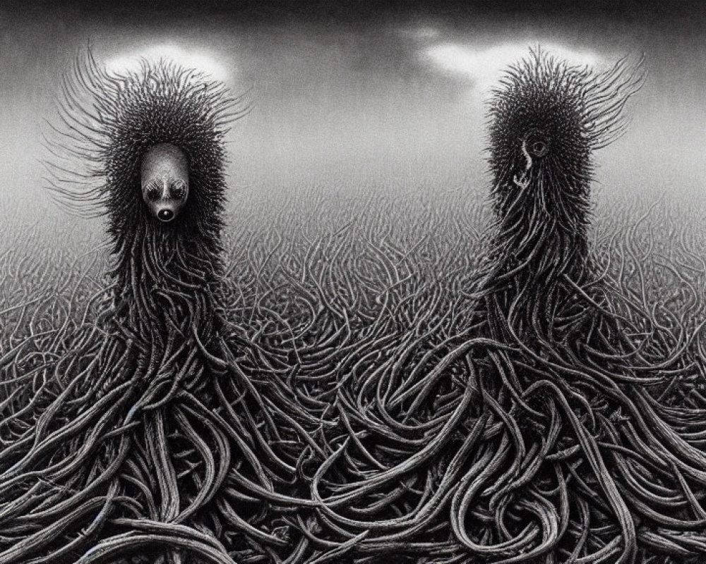 Surreal artwork: Two humanoid faces among chaotic root-like structures