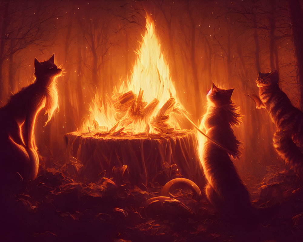 Enigmatic scene: Four mystical cats by blazing fire