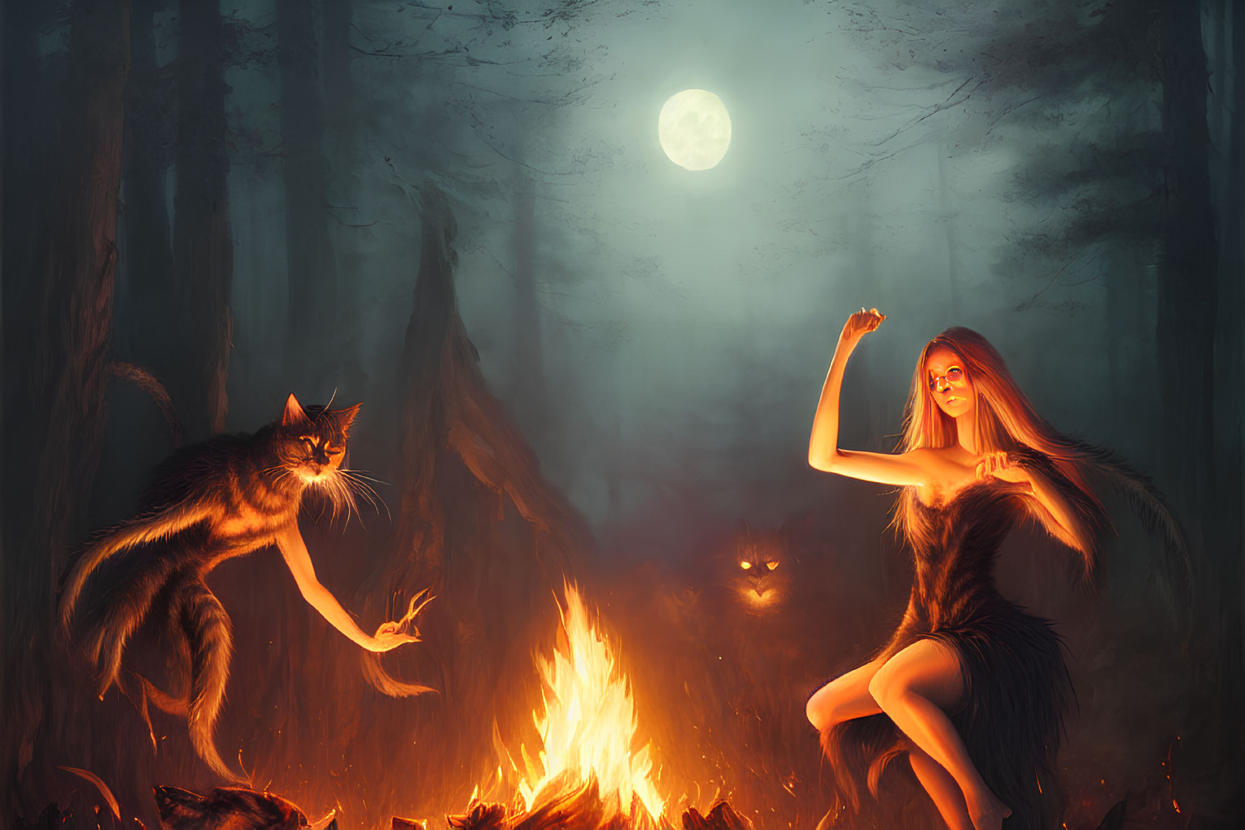 Woman by fire in forest with full moon, wolf, and glowing eyes