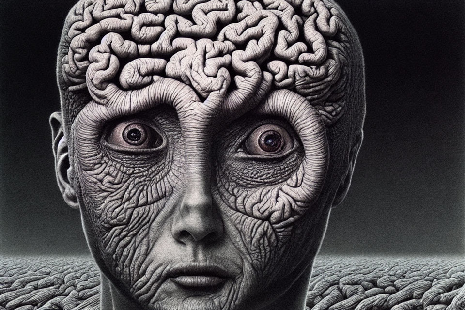 Detailed drawing of person with open head, revealing intricate brain and textured skin.