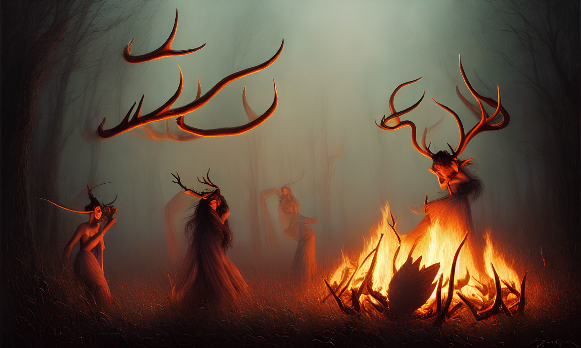 Mystical forest scene: humanoid deer creatures around fire in ethereal glow