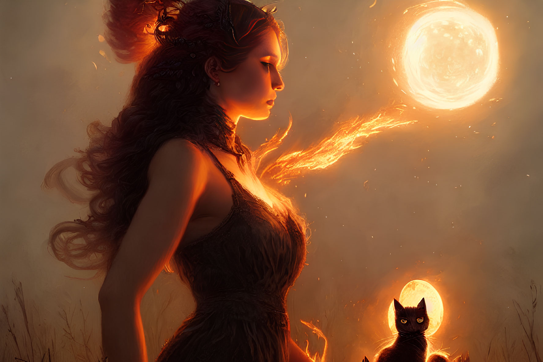 Woman with fiery hair and black cat under glowing moon in mystical scene