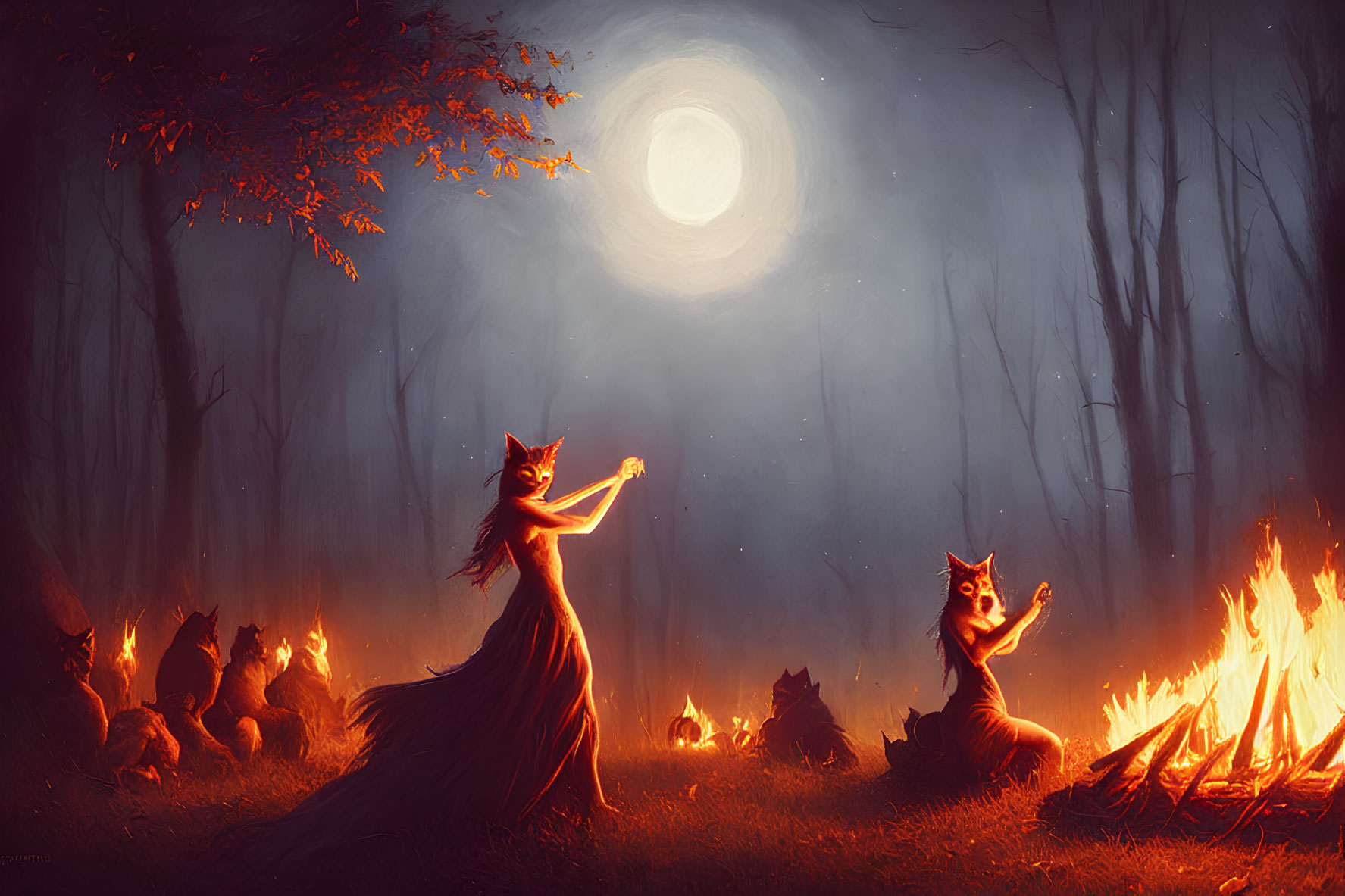 Animated fox characters with human-like features performing a ritualistic dance around fires in a mystical forest under a