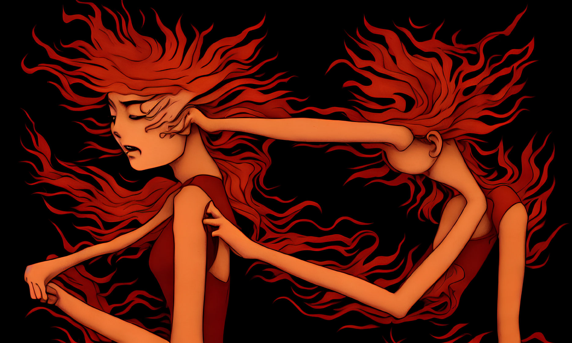 Vivid red hair illustration on dark background