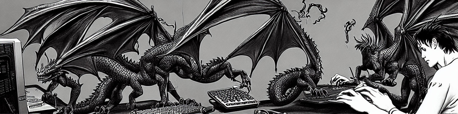 Monochrome illustration: Dragons disrupt person at desk.