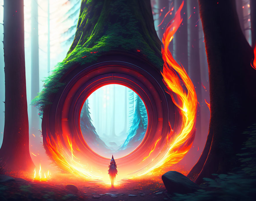 Enchanted forest scene with massive fiery portal