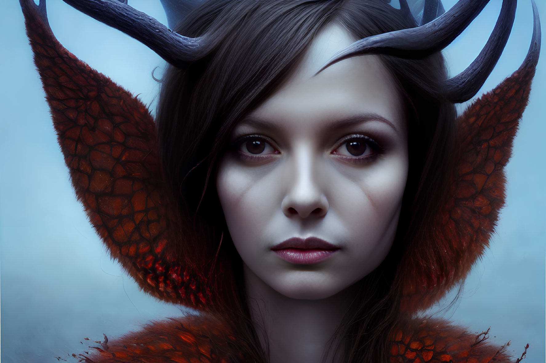 Fantasy portrait of woman with dark antlers and dragon-like wings on misty blue backdrop