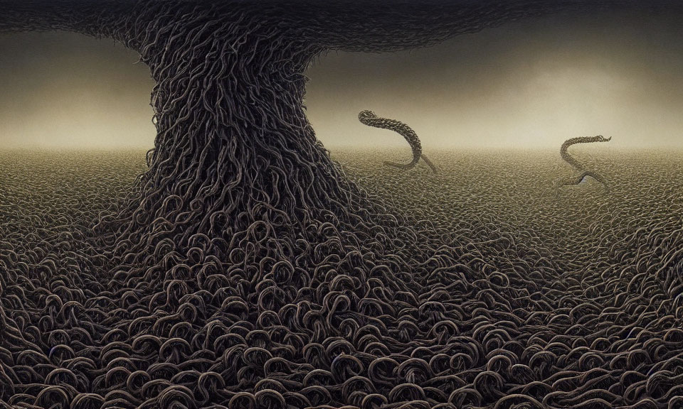 Surreal landscape with massive tree, serpentine forms, and misty sky