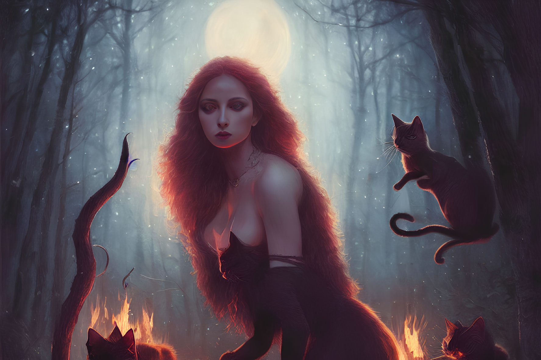 Red-haired woman with cats in moonlit, foggy forest captured in mystical setting