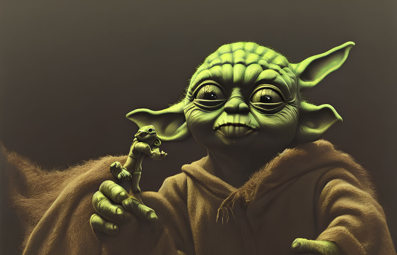 Stylized character resembling Yoda with tiny version, monochromatic background