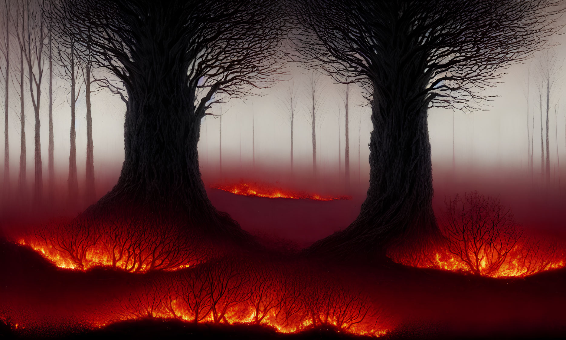 Mysterious forest with large trees, fog, cracked ground, and glowing lava