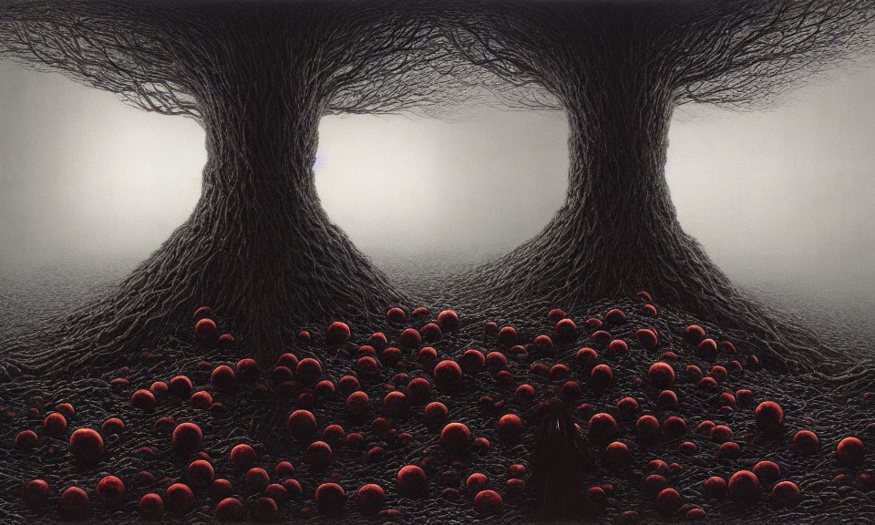 Dark trees frame red spheres in field under overcast sky