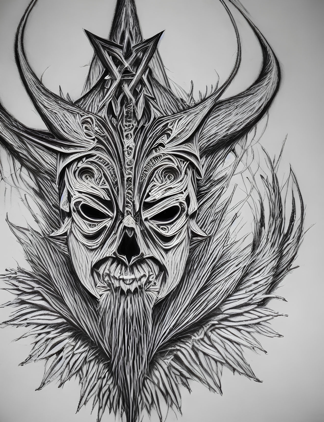 Monochrome illustration: Menacing figure with antlers, fur collar, pentagram.