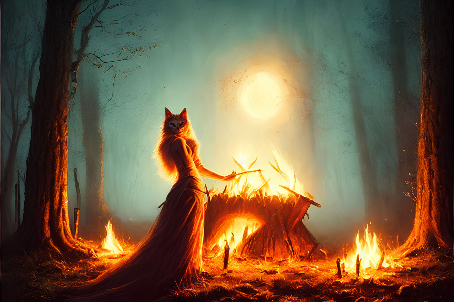 Mystical creature with fox head and woman body in fiery forest clearing