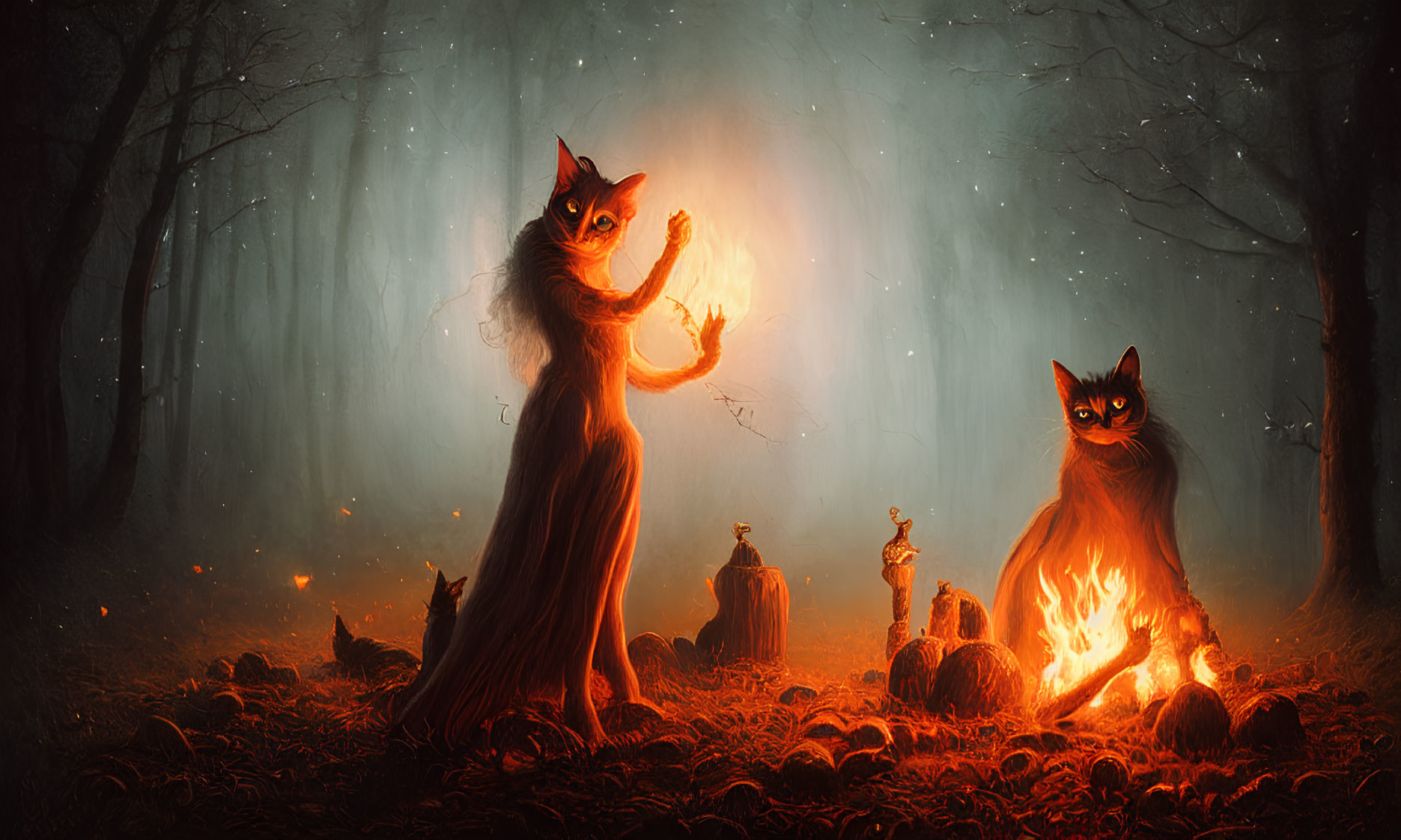 Anthropomorphic foxes in mystical forest with bonfire and smaller companions.