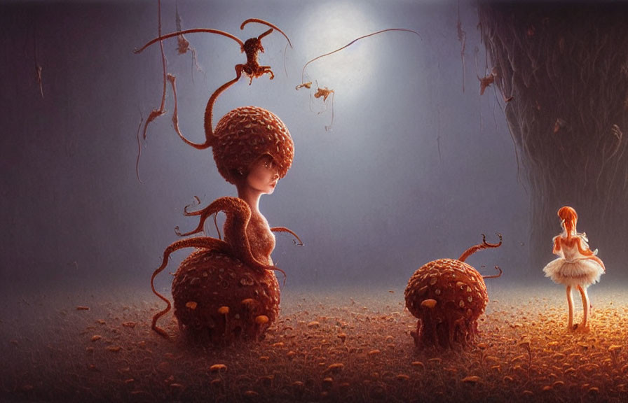 Surreal artwork: Human with mushroom cap head, small mushroom creatures, and ballet dancer under dream