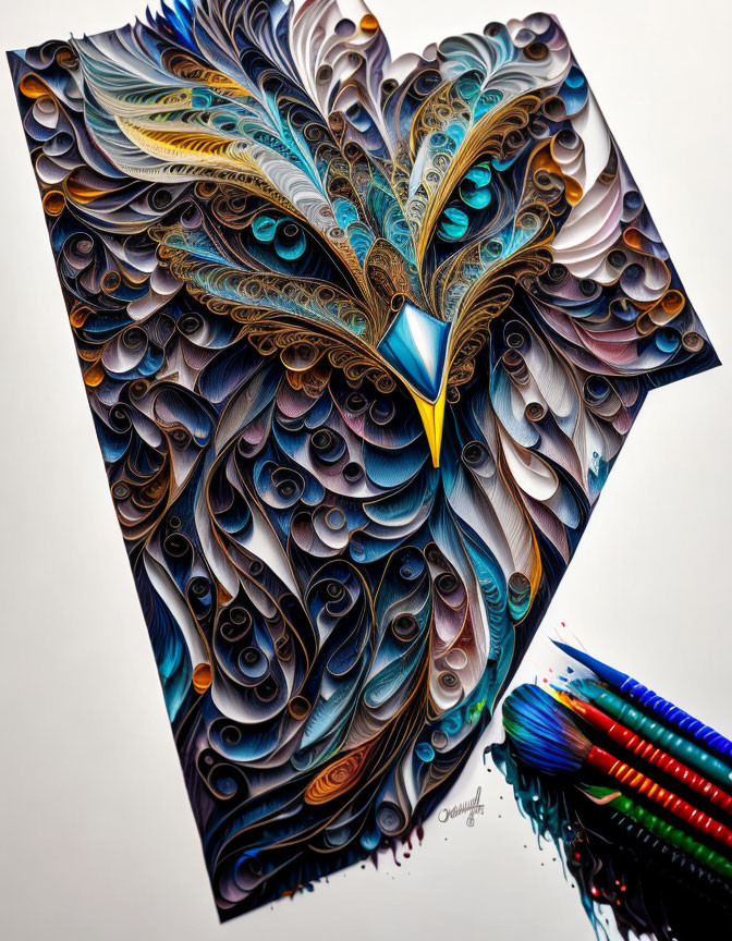 Colorful Quilled Paper Art: Intricate Peacock Design in Blue, Gold, and Brown