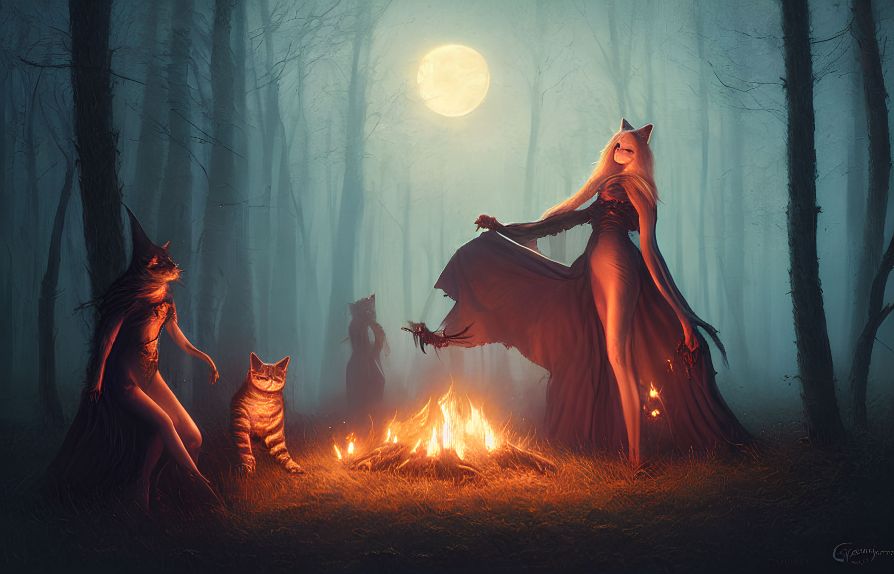 Moonlit forest with anthropomorphic foxes and woman in red dress by bonfire