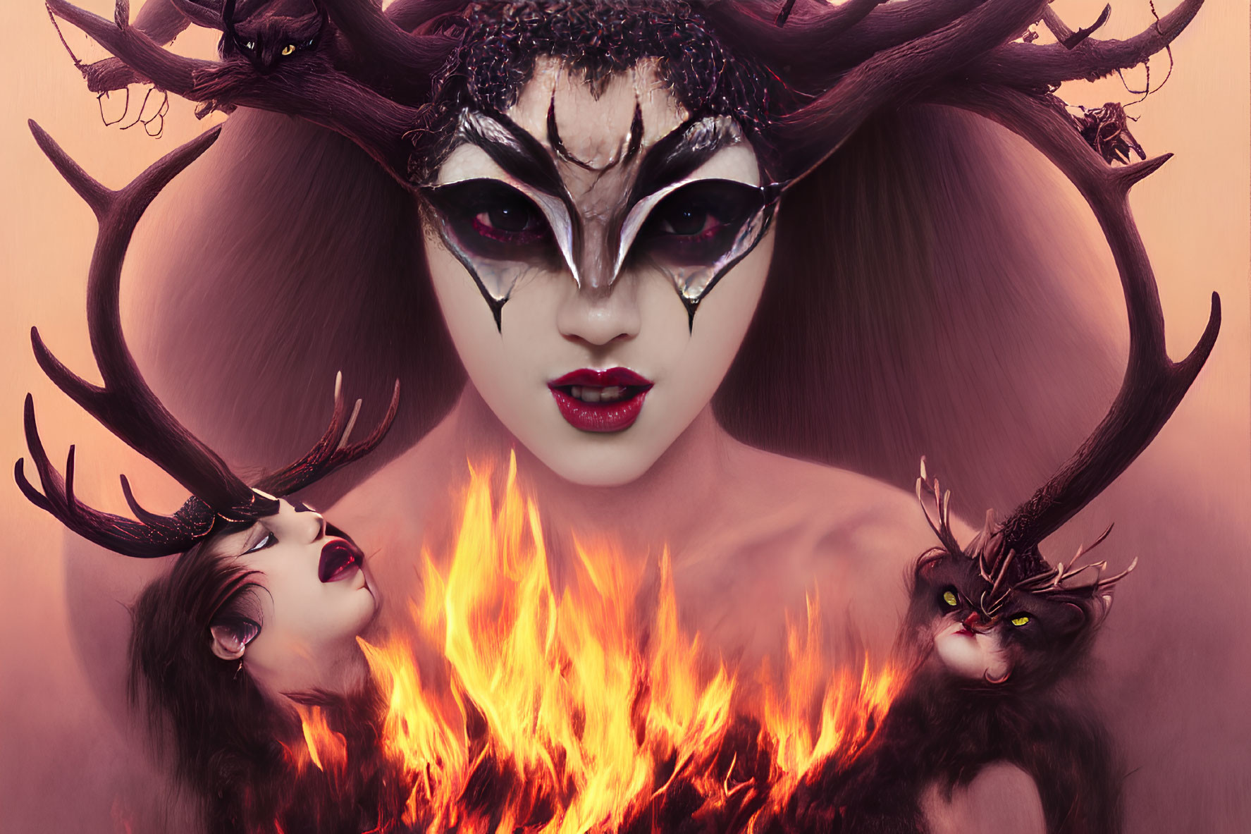 Person with elaborate antler-like headgear and mirrored faces in a fiery blaze