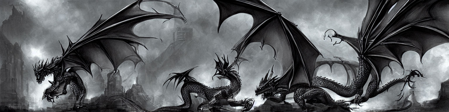 Panoramic grayscale image of fierce dragons in different poses against misty cityscape