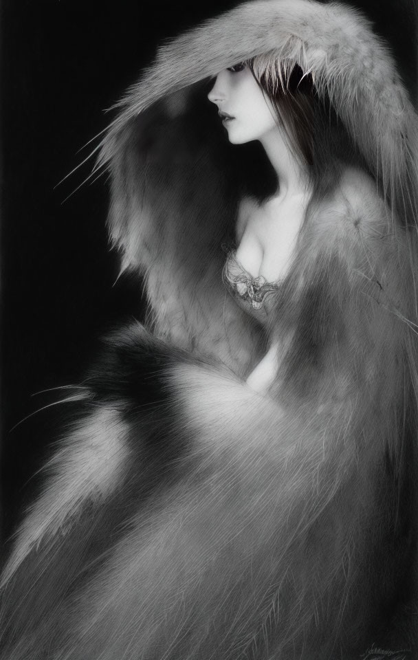 Vintage elegance: Woman in feathered hat and fur coat in monochrome.