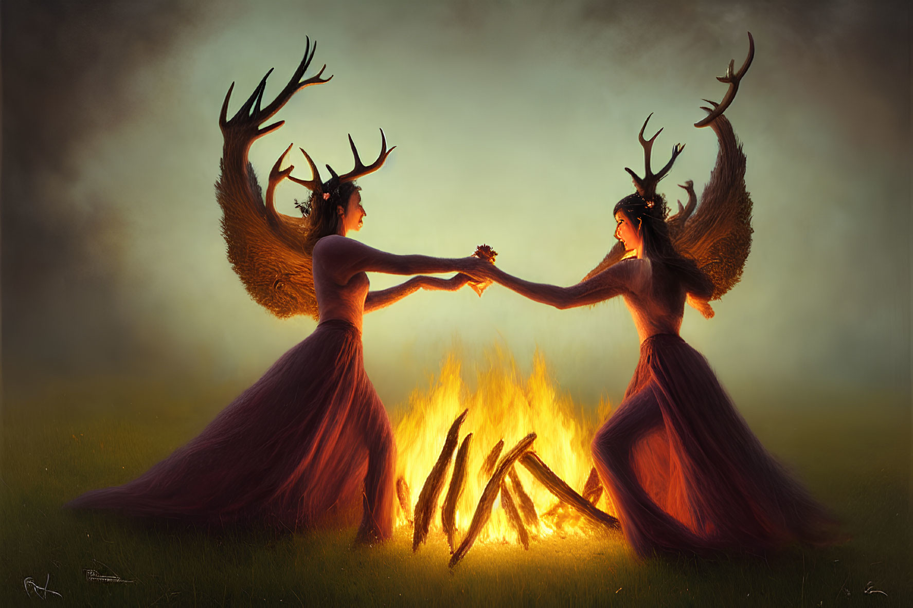 Ethereal women with antler crowns around bonfire in mystical landscape