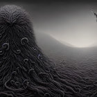 Surreal landscape with massive tentacle-like structures in stormy sky