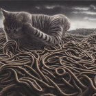 Tabby Cat on Twisted Dark Ropes Under Dusky Sky