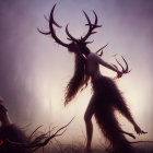 Mystical creatures with antlers dance in misty forest