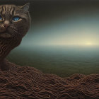 Large Cat's Head Merging Into Surreal Landscape Under Dusky Sky