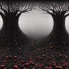 Dark trees frame red spheres in field under overcast sky