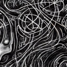 Monochrome surreal drawing of distorted faces with prominent eyes and textured hair.