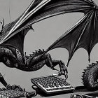 Intricate dragon sculptures in office setup with computers