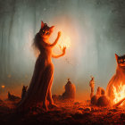 Mystical forest scene: humanoid deer creatures around fire in ethereal glow