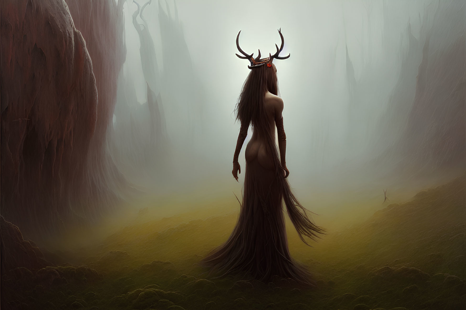 Mystical figure with antlers in foggy forest landscape