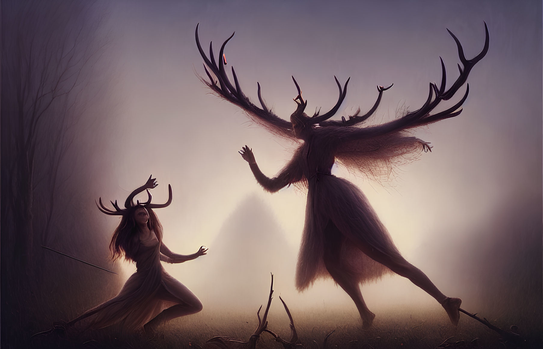 Mystical creatures with antlers dance in misty forest