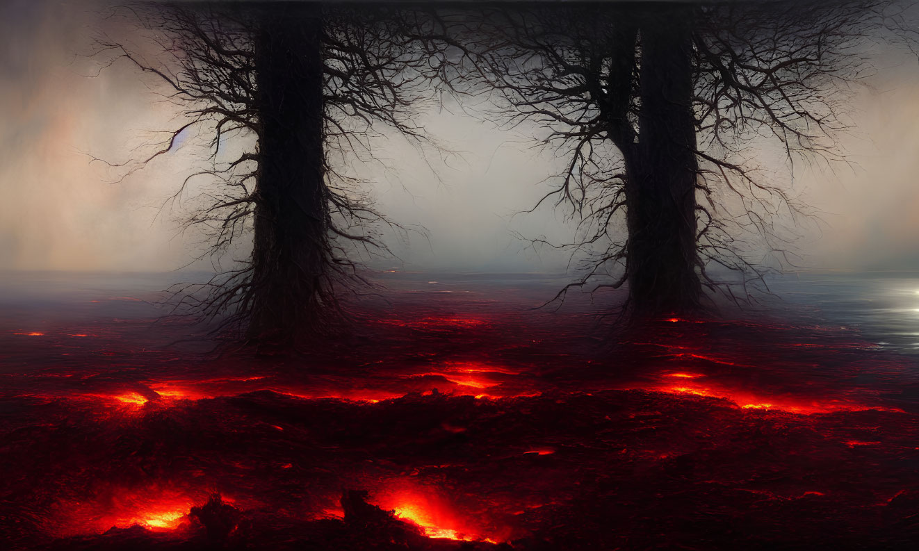 Eerie forest with silhouetted trees, misty backdrop, and glowing red ground