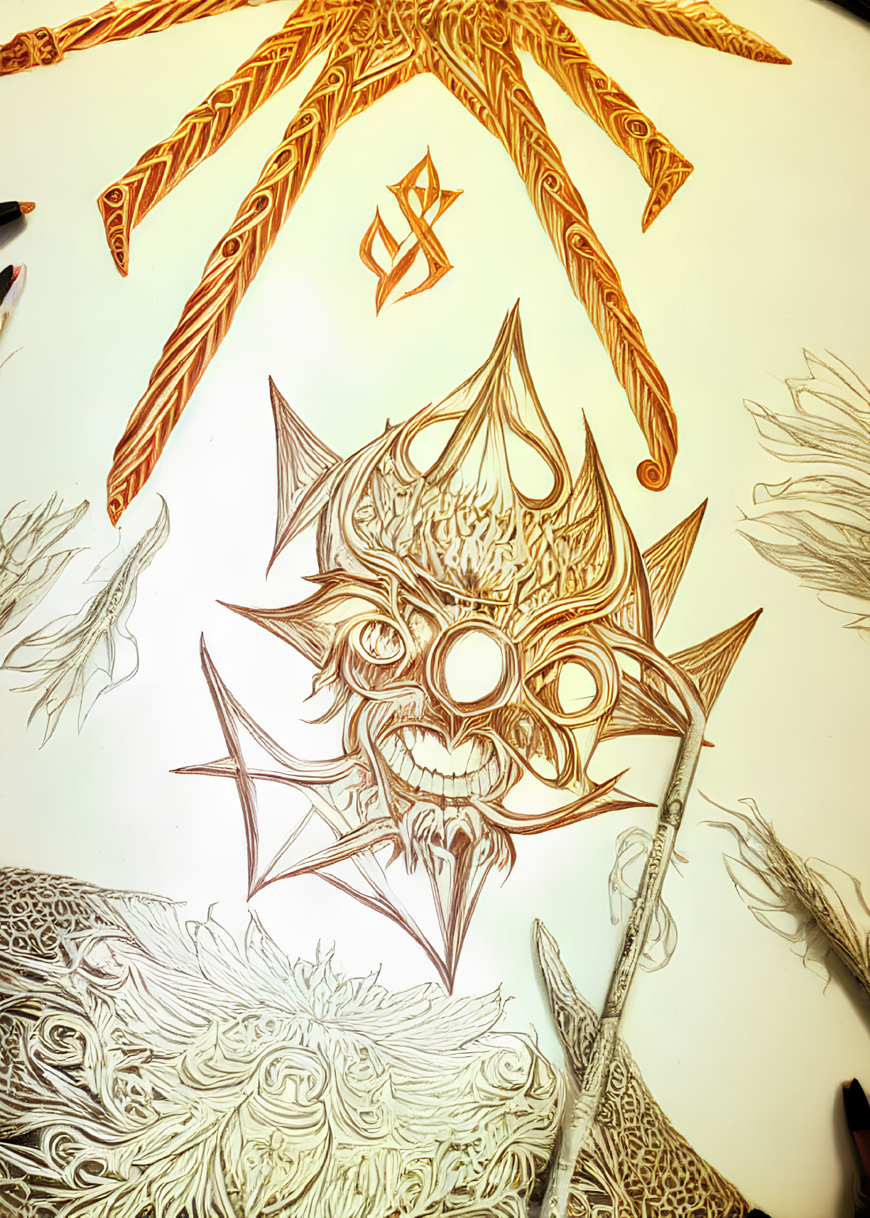 Detailed sketch of demon-like face surrounded by intricate patterns and symbolic elements